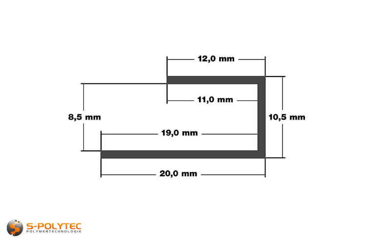 Bemaßung U-Profil aus eloxiertem Aluminium in 8mm