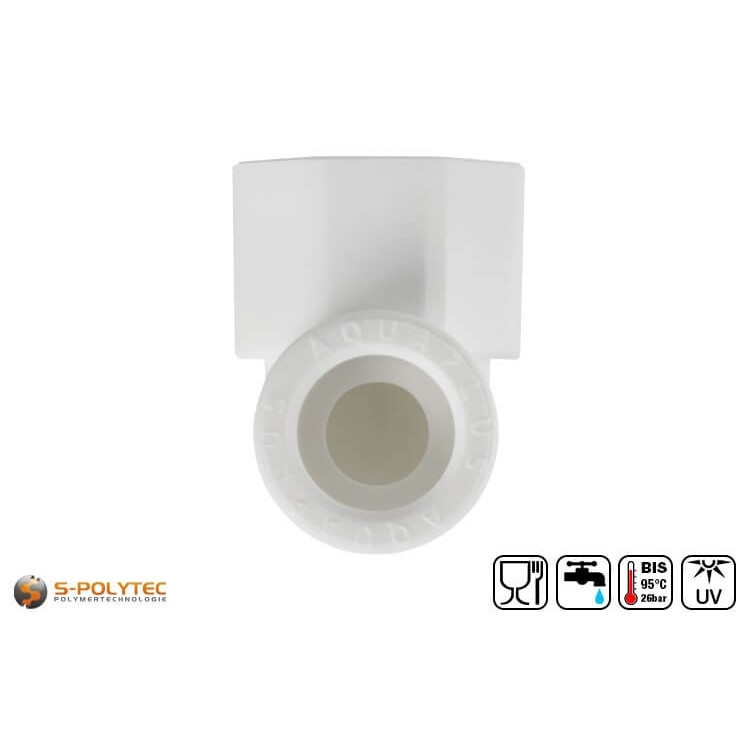 Wir bieten die weißen PPR 90° Winkel in den Größen DN20, DN25 und DN32 und Kupplung mit Innengewinde von 1/2 Zoll bis 1 Zoll