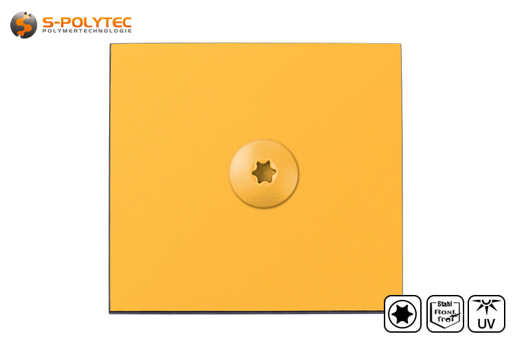 Die kopflackierten Fassadenschrauben in Gold Yellow sind für hinterlüftete Fassadensysteme mit Trespa® Meteon® FR zugelassen