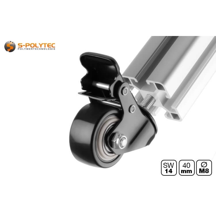 Durch das 8mm Gewinde ist die Lenkrolle für unsere Konstruktionsprofile in 30x30mm oder 40x40mm geeignet