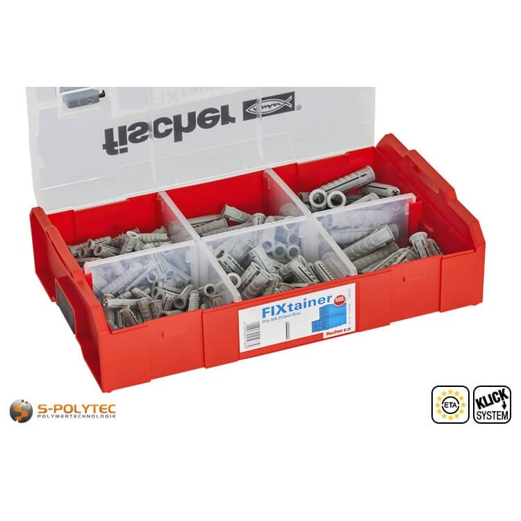 Der fischer FIXtainer SX enthält 120 Spreizdübel in 6x30mm, 60 Dübel in 8x40mm und 30 Dübel in 10x50mm