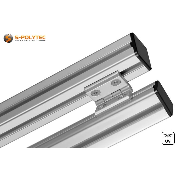 Das Scharnier kann jederzeit bei bestehenden Konstruktionen aus Alu-Systemprofilen nachgerüstet werden