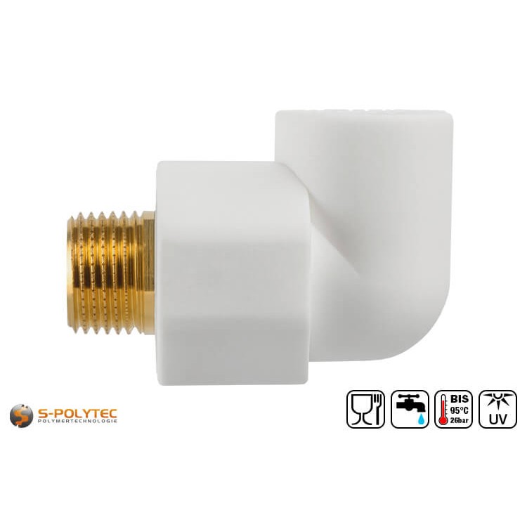 Die Aqua-Plus PP-R Winkel-Kupplung 90° DN20x1/2 Zoll AG in Weiß für PP-R Rohre mit Ø20mm und verfügt über ein Außengewinde in 1/2 Zoll