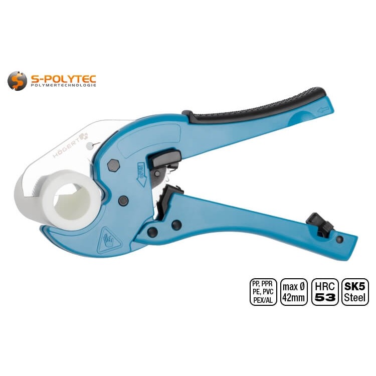 Die Rohrschere aus Aluminium mit Klinge aus Kohlenstoffstahl ist ideal für unsere weißen PP-R Rohre bis DN40