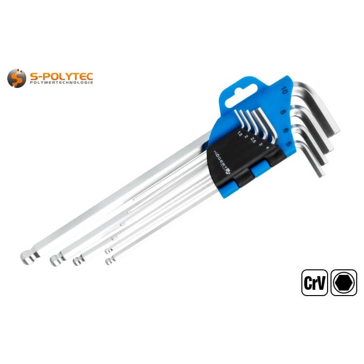 Das auch Inbusschlüssel-Set genannte Set enthält die gängigsten Größen in 1,5mm, 2mm, 2,5mm, 3mm, 4mm, 5mm, 6mm, 8mm und 10mm