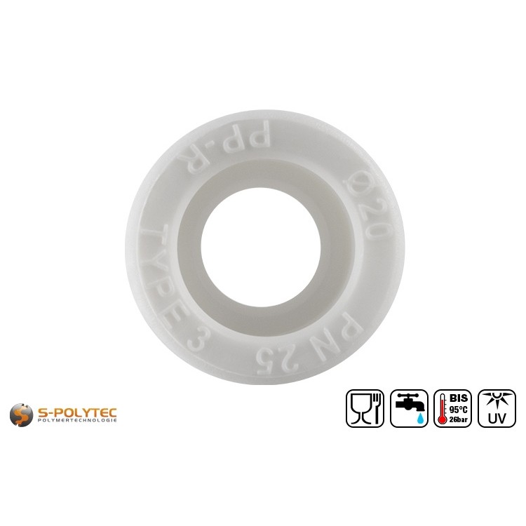 Aqua-Plus PP-R Muffe in weiß zur Verbindung zweier PP-R Rohre mit identischem Durchmesser