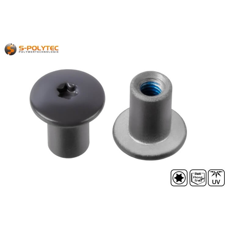 Die anthrazitgraue Gewindehülse mit einem Kopfdurchmesser von 14mm verfügt über einen Torx-Antrieb in der Größe T20 (ISR20)