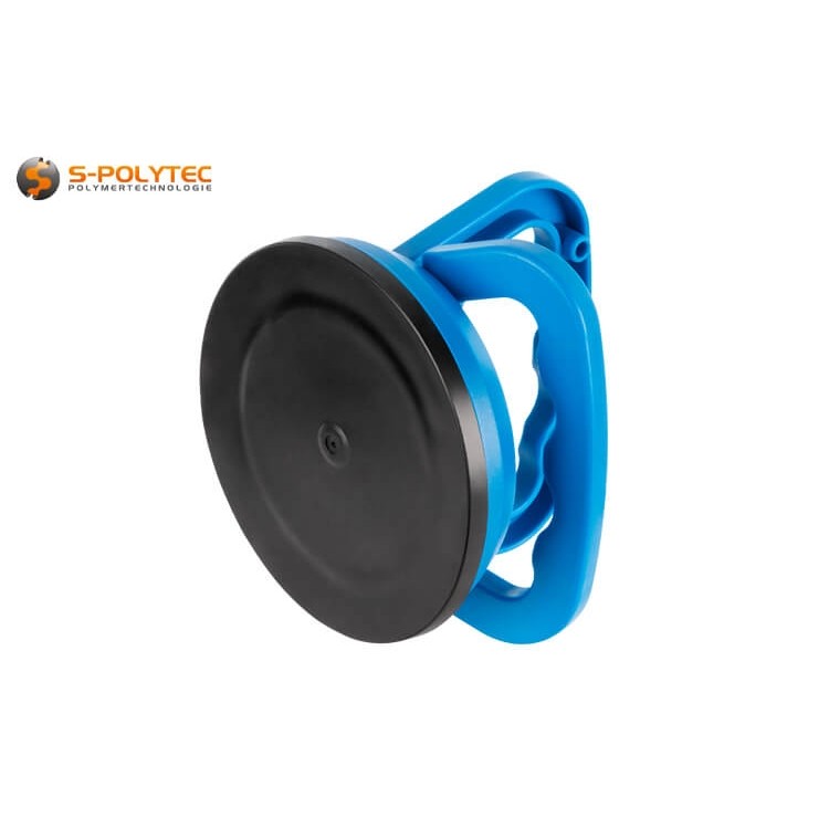 Das blaue Gehäuse des Högert Vakuum-Plattenhebers mit Ø120mm Saugnapf besteht aus stoßfestem, robustem Kunststoff