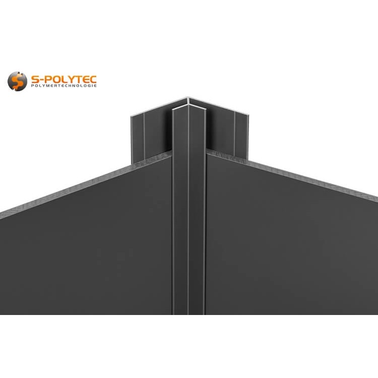Die anthrazitgrauen Eckprofile aus massivem Aluminium sind je nach Ausführung zur Plattenverbindung mit 3mm, 6mm oder 8mm Stärke in Innenecken geeignet