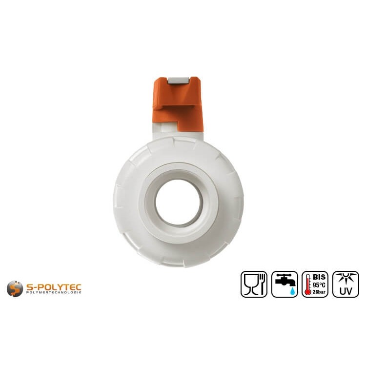 Der Aqua-Plus PP-R Kugelhahn mit Verschraubung in weiß mit vollem Durchgang für geringe Strömungsverluste