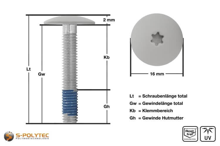 Ansicht der Abmessungen unserer Balkonschraube aus Edelstahl mit Kopflackierung in Lichtgrau 