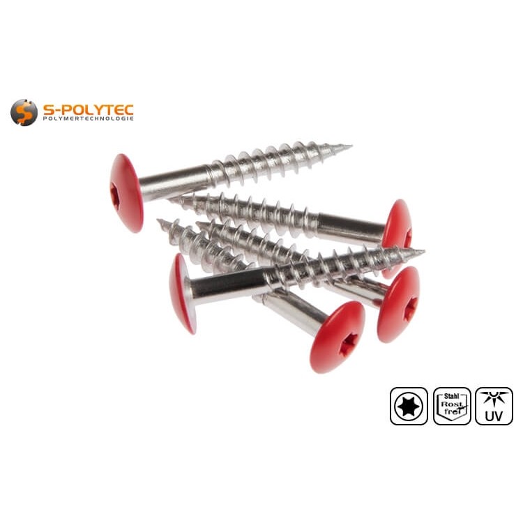 Fassadenschrauben nach DIN EN 14952 für Trespa® Meteon® FR HPL-Platten in Carmine Red (A12.3.7) mit Satin-Finish	