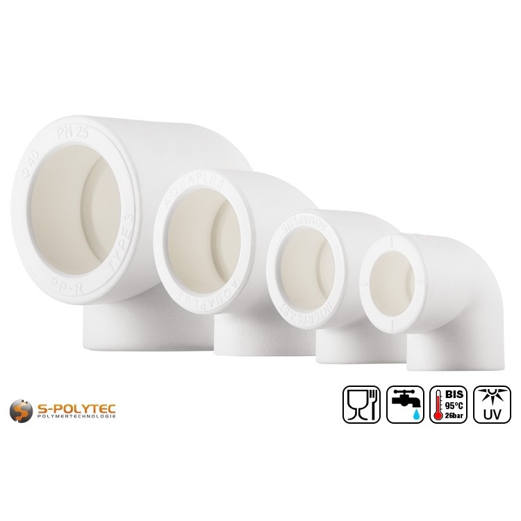 Aqua-Plus PP-R Winkel 90° in Weiß zur Verbindung und Richtungsveränderung im rechten Winkel von PP-R Rohren in verschiedenen Größen