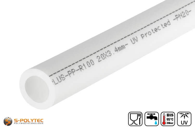 Das Aqua-Plus Rohr mit 20mm Außendurchmesser weist eine Wandstärke von 3,4mm und einen Innendurchmesser von 13,2mm auf