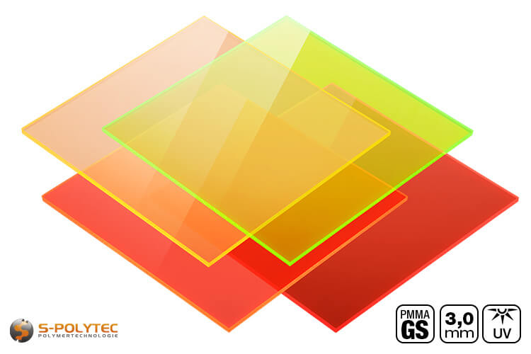 Fluoreszierendes Acrylglas GS farbig getönt mit Neon-Leuchteffekt im millimetergenauen Zuschnitt bereits ab 30mm x 30mm