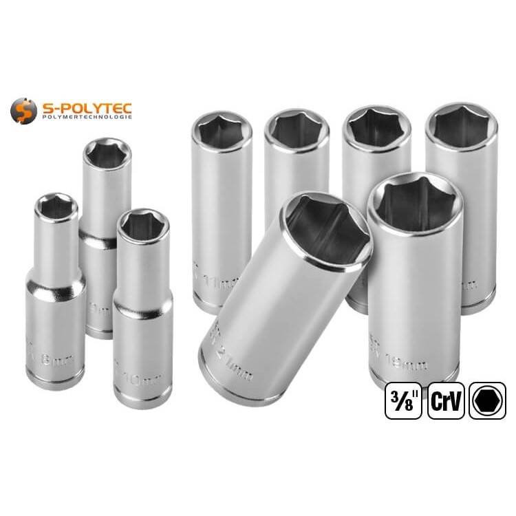 Sechskant-Steckschlüssel mit 3/8 Zoll Innenvierkantantrieb in verschiedenen Schlüsselweiten von 8mm bis 21mm in langer Ausführung