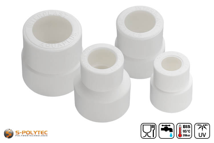 Wir bieten die weißen PPR Reduziermuffen zur Durchmesserreduktion von PPR Rohren in den Größen 40mm, 32mm, 25mm und 20mm