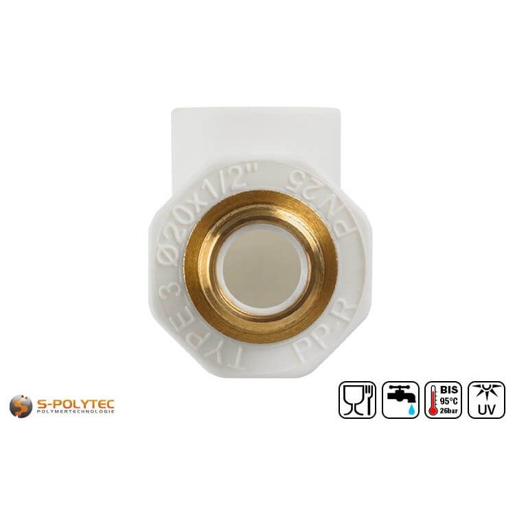 Die Aqua-Plus PP-R Winkel-Kupplung 90° DN20x1/2 Zoll AG in Weiß für PP-R Rohre mit Ø20mm und verfügt über ein Außengewinde in 1/2 Zoll
