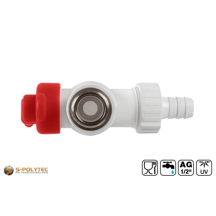 Der weiße Aqua-Plus PP-R Auslaufhahn ist mit einem schraubbaren Schlauchverbinder in 13mm versehen