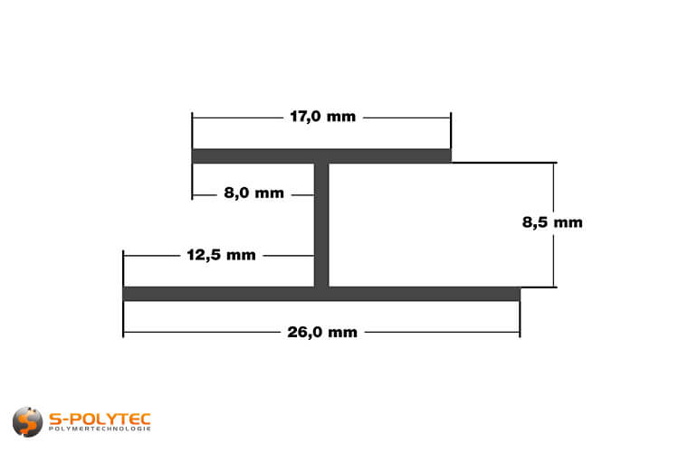 Bemaßung H-Profil aus eloxiertem Aluminium in 8mm