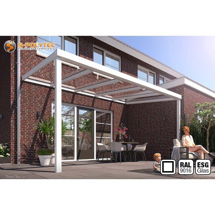 Das eckige Terrassendach auf Maß mit transparenter Eindeckung aus ESG-Glas und pulverbeschichteten Aluminium-Profilen in Weiß