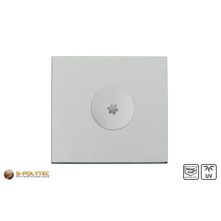 Die Balkonschraube in Lichtgrau mit einem Kopfdurchmesser von 16mm hat einen Torx-Antrieb in der Größe T20 (ISR20)