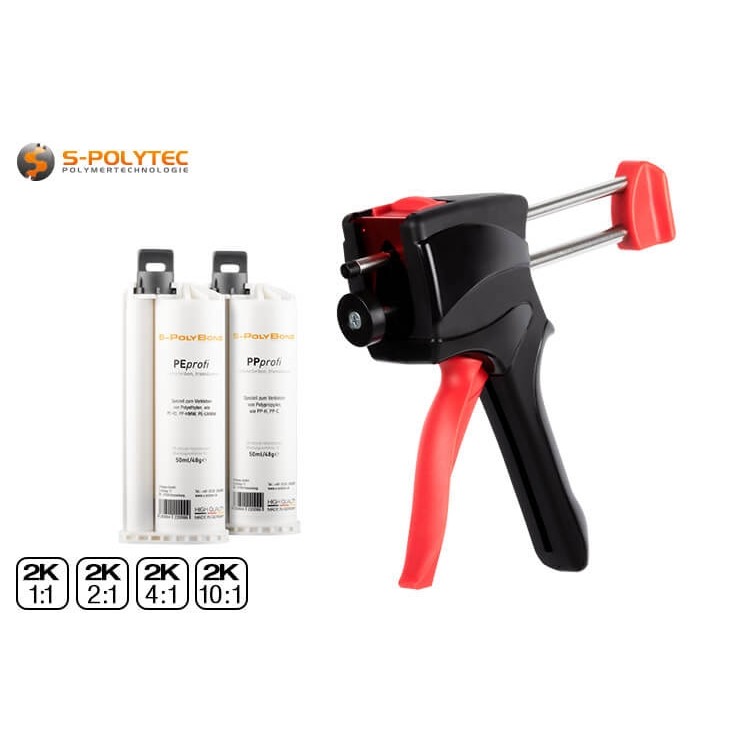 Die Klebepistole für 2-Komponenten-Klebstoffe ist ideal für unsere Spezialkleber PEprofi und PPprofi mit 50ml Inhalt geeignet