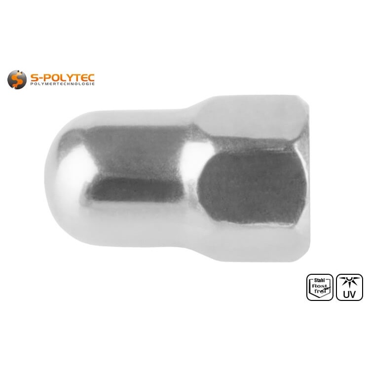 Die Hutmutter in der hohen Bauform mit M5 Innengewinde hat einen Außensechskant mit 8mm Schlüsselweite