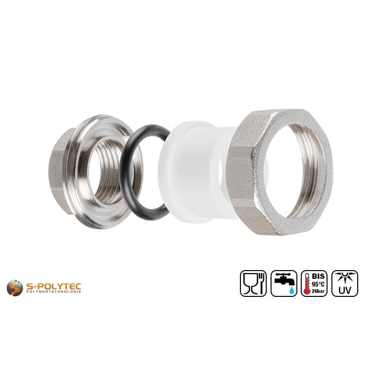 Wir bieten die weißen PPR Schraubkupplungen in den Größen DN20, DN25, DN32 und DN40 sowie mit Innengewinden von 1/2 Zoll bis 1 1/4 Zoll