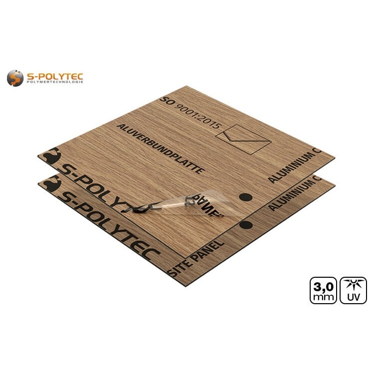 Die Oberfläche der Alu-Sandwichplatten in Holzoptik Eiche Classic wird ist mit Schutzfolie versehen