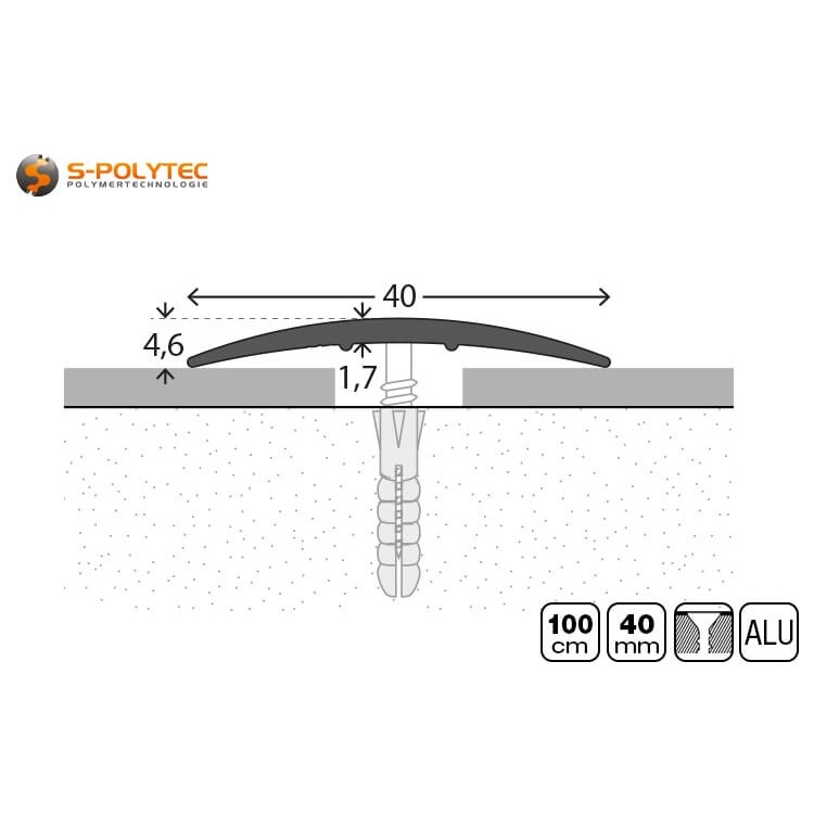 Die eloxierten Aluminium-Übergangsprofile zum Schrauben mit einer Profilhöhe von 4,6mm sind 40mm breit 