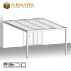 Die eckige Terrassenüberdachung auf Maß in Weiß mit 16mm Doppelstegplatte aus transparentem Polycarbonat