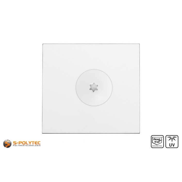 Die Balkonschraube in Reinweiß mit einem Kopfdurchmesser von 16mm hat einen Torx-Antrieb in der Größe T20 (ISR20)