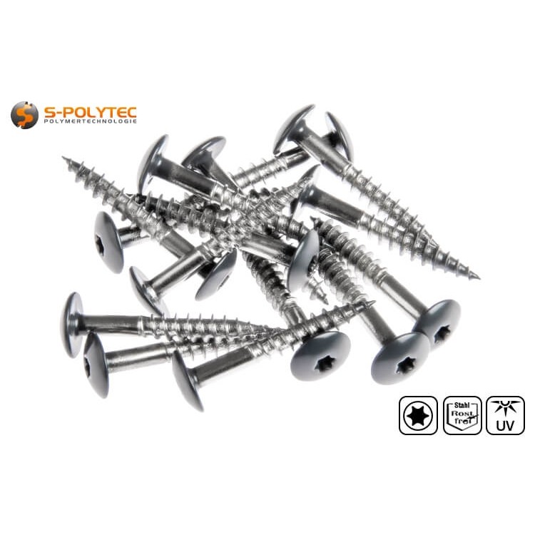 Die anthrazitgrauen Schrauben für Trespa® Platten in Anthracite Grey sind aus A4 Edelstahl und haben eine CE-Kennzeichnung 