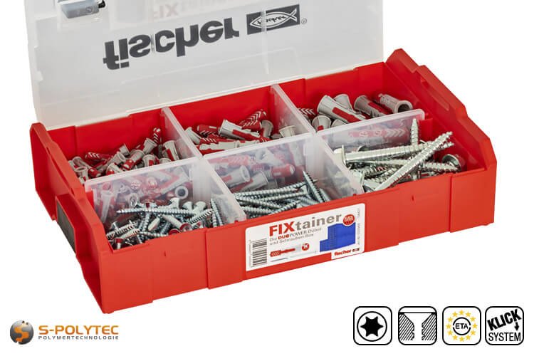 Die fischer FIXtainer DuoPower-Dübel und Schrauben-Box enthält je 105 Universaldübel SX und Schrauben in drei Größen