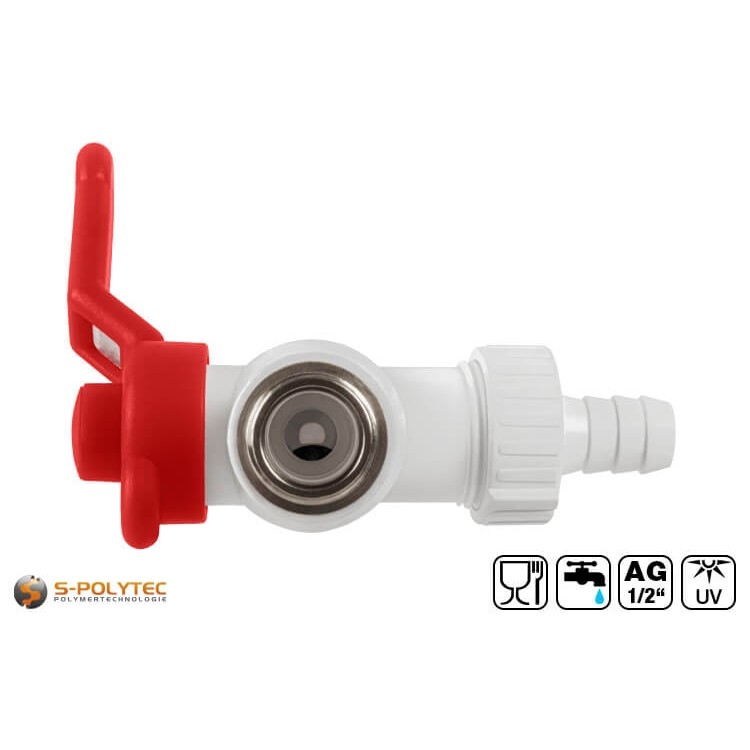 Der PP-R Auslaufhahn ist mit einem schraubbaren Schlauchverbinder in 13mm versehen