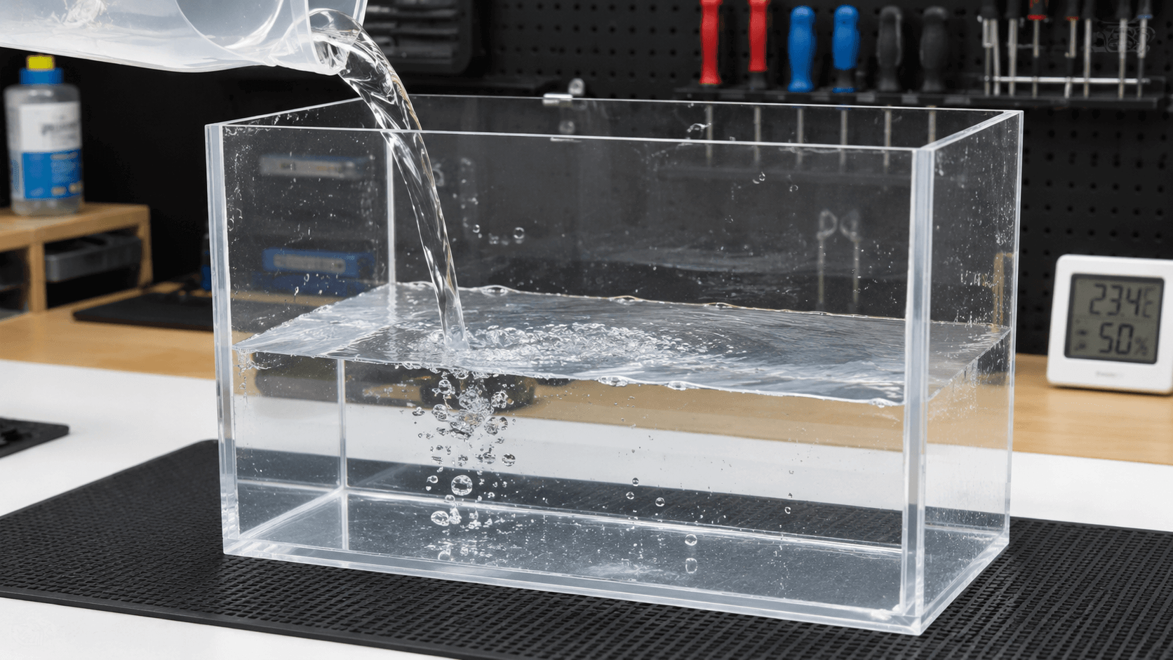 Dichtigkeitstest bei einem selbst gebauten Aquarium aus Acrylglas