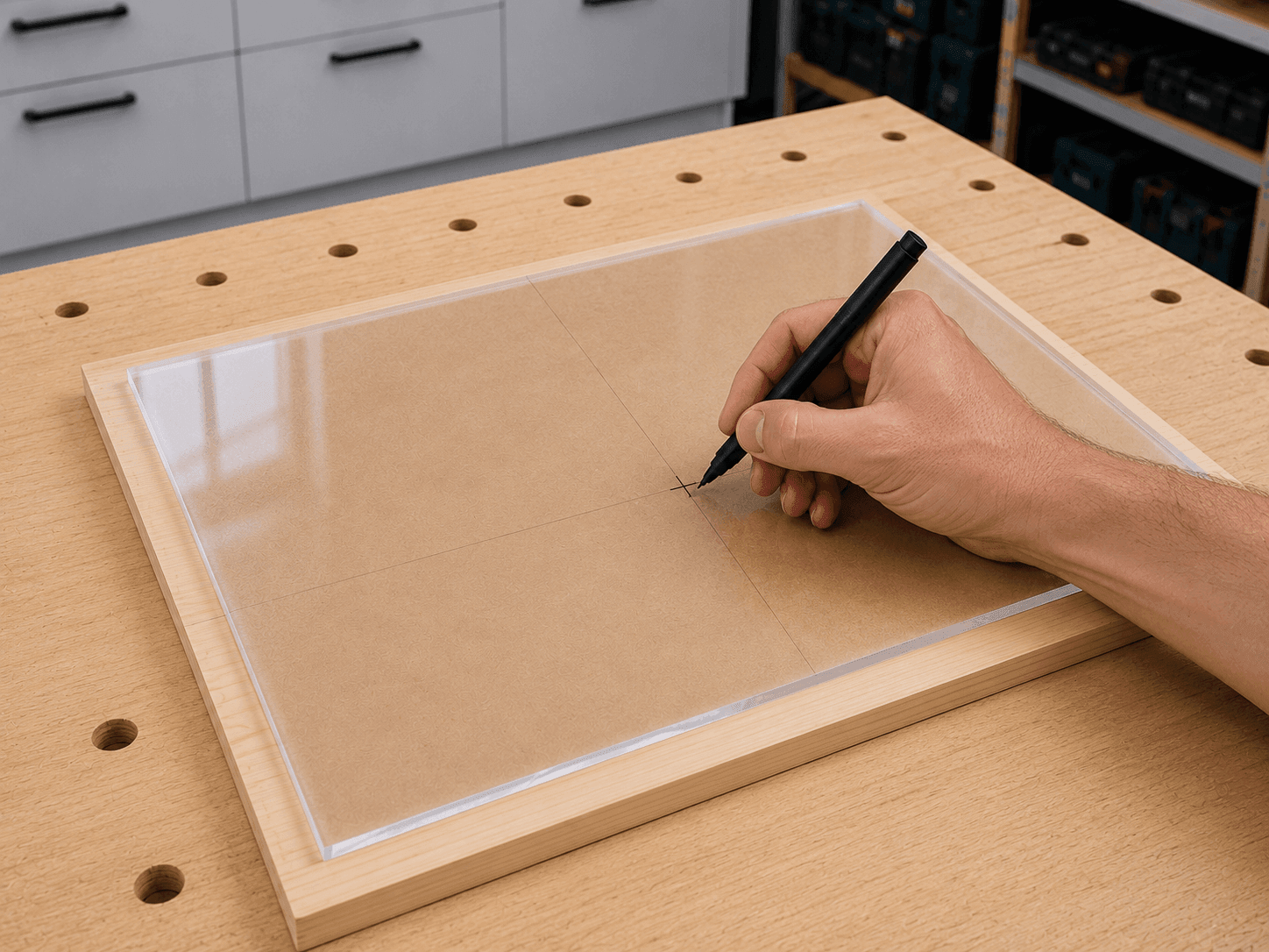 Bohrposition auf der Schutzfolie einer Acrylglasplatte markieren