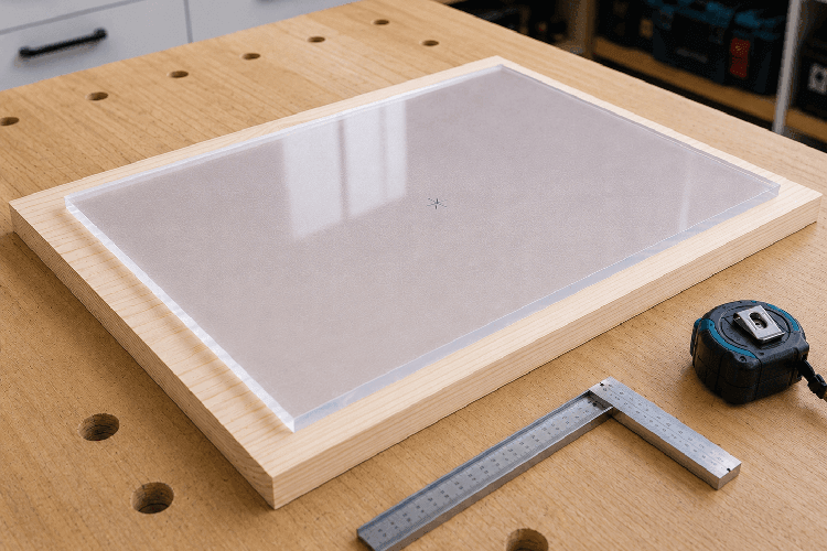 Acrylglasplatte an der Bohrstelle vollständig auf einer Holzunterlage auflegen