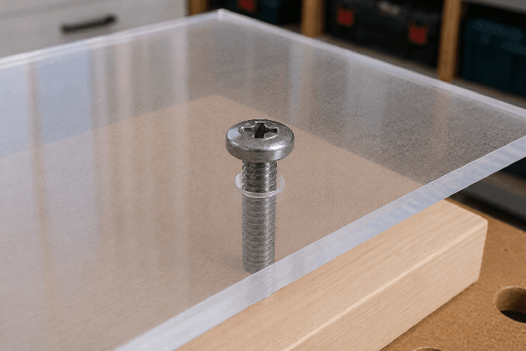 Schraube mit ausreichendem Bewegungsspiel in einem größeren Acrylglasbohrloch