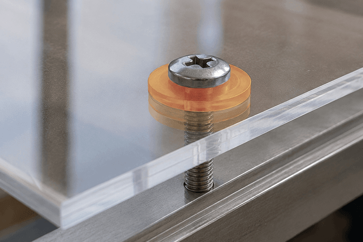 Acrylglasplatte mit Schraube und druckverteilender Dichtscheibe befestigen