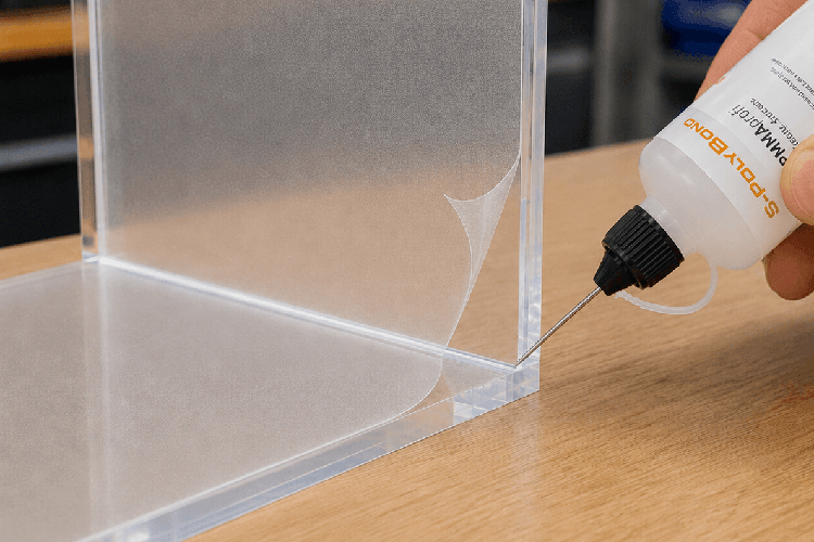 Dünnflüssigen Acrylglaskleber kontrolliert in die Fuge geben