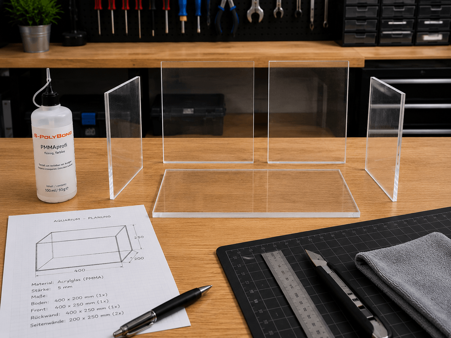 Planung eines Aquariums aus Acrylglas mit Skizze und zugeschnittenen Platten