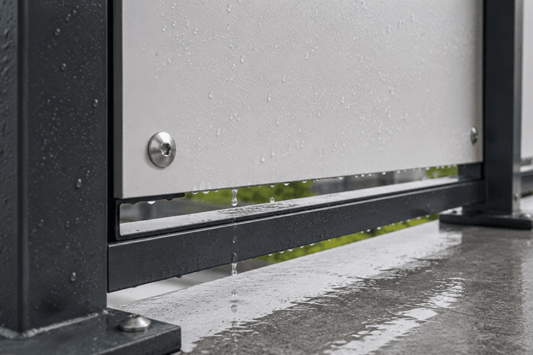 Kontrollierter Wasserablauf an der unteren Kante einer Balkonverkleidung