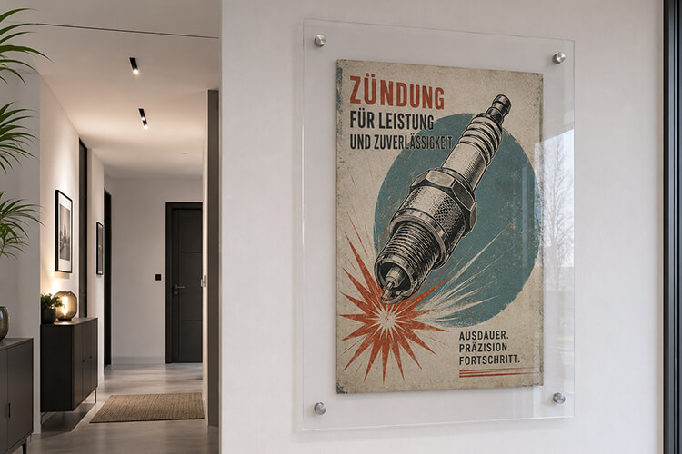 Poster hinter transparentem Kunststoff mit Abstandshaltern statt langweiliger Bilderrahmen