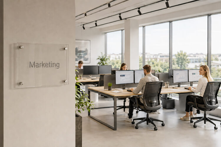 Ausschilderung im Büro mit transparentem Acrylglas und Folienbeschriftung