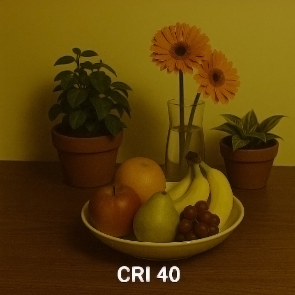  Wirkung eines LED-Leuchtmittels mit schlechter Farbwiedergabe von CRI 40 – KI generiert 