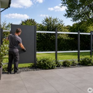 Erste HPL-Platte wird an einer Unterkonstruktion am Terrassenrand ausgerichtet