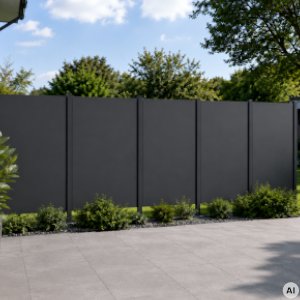 HPL-Sichtschutz mit sichtbaren Fugen zwischen den Platten und Abstand zum Boden