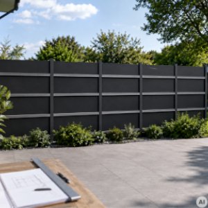 Pfosten und Unterkonstruktion für einen HPL-Sichtschutz entlang einer Terrasse vor der Plattenmontage